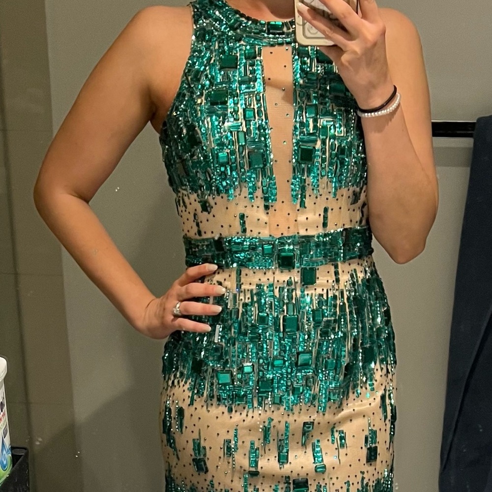 Stunning Sherri Hill chunky beaded and rhinestone illusion cocktail dress